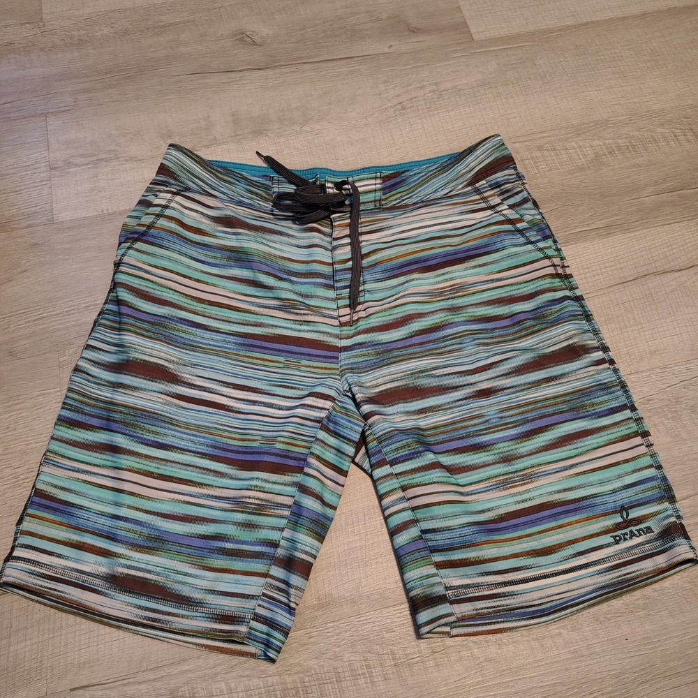 Prana Mens Board Shorts Blue Turquoise Striped Swim Trunks Size 36